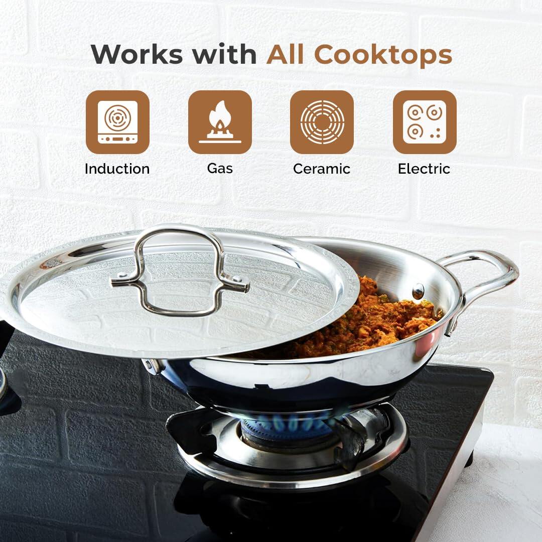 Premium Tri-Ply Stainless Steel Kadai With Lid(24cm)