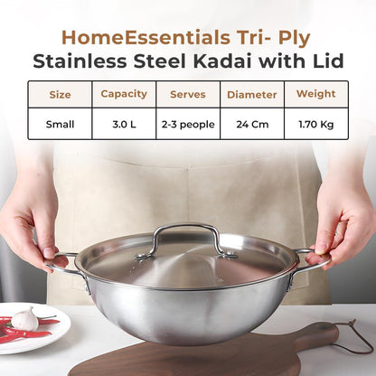 Premium Tri-Ply Stainless Steel Kadai With Lid(24cm)