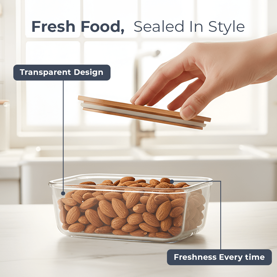 Premium Airtight Borosilicate Glass Food Container with Bamboo Lid(370ml)