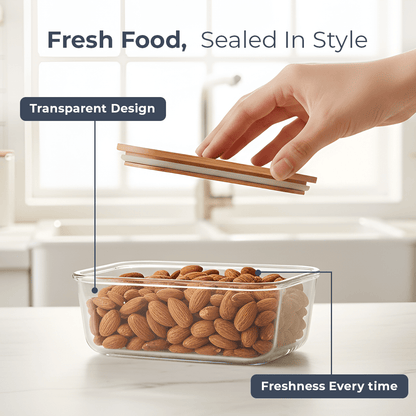Premium Airtight Borosilicate Glass Food Container with Bamboo Lid(370ml)