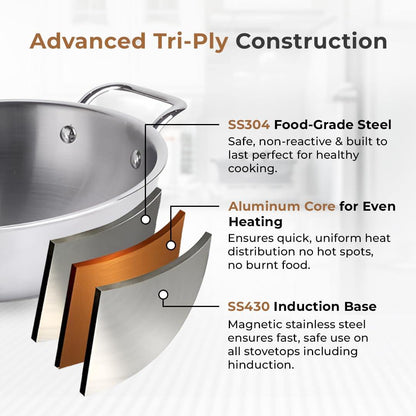 Premium Tri-Ply Stainless Steel Kadai With Lid(24cm)