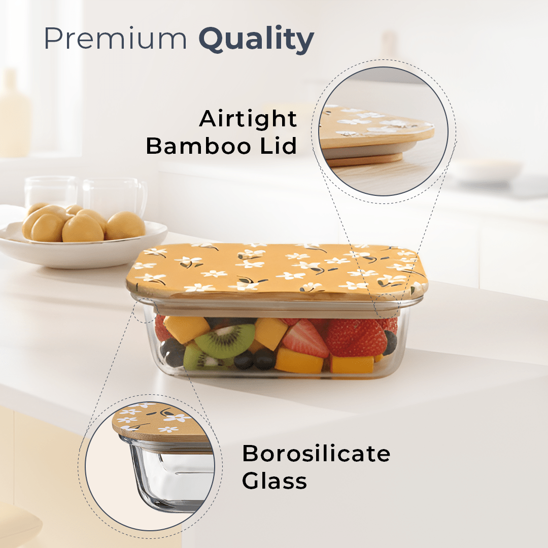 Premium Airtight Borosilicate Glass Food Container with Bamboo Lid(370ml)